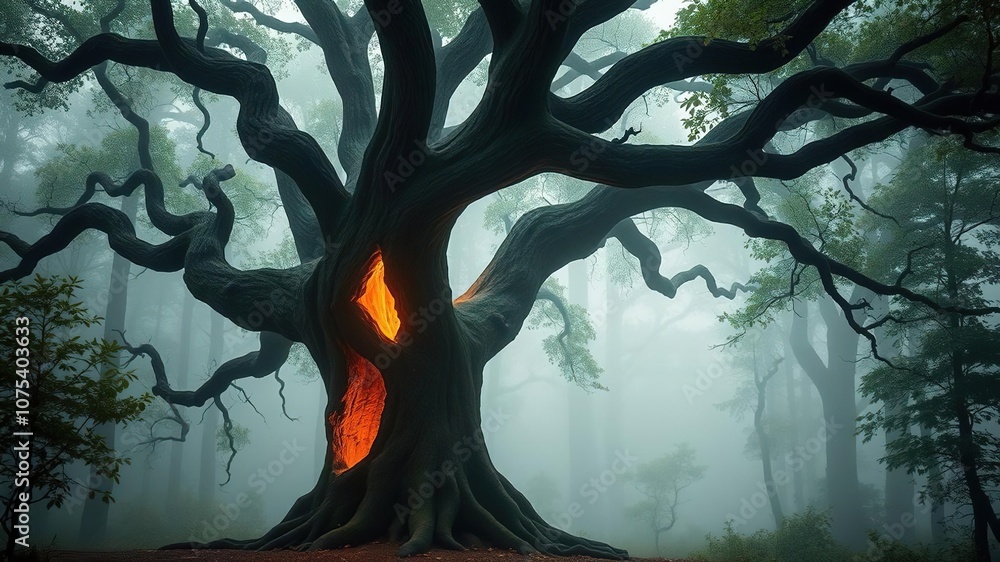 Naklejka premium Ancient tree with a glowing hollow trunk stands majestically in the center of a misty forest, mystical atmosphere, natural wonder