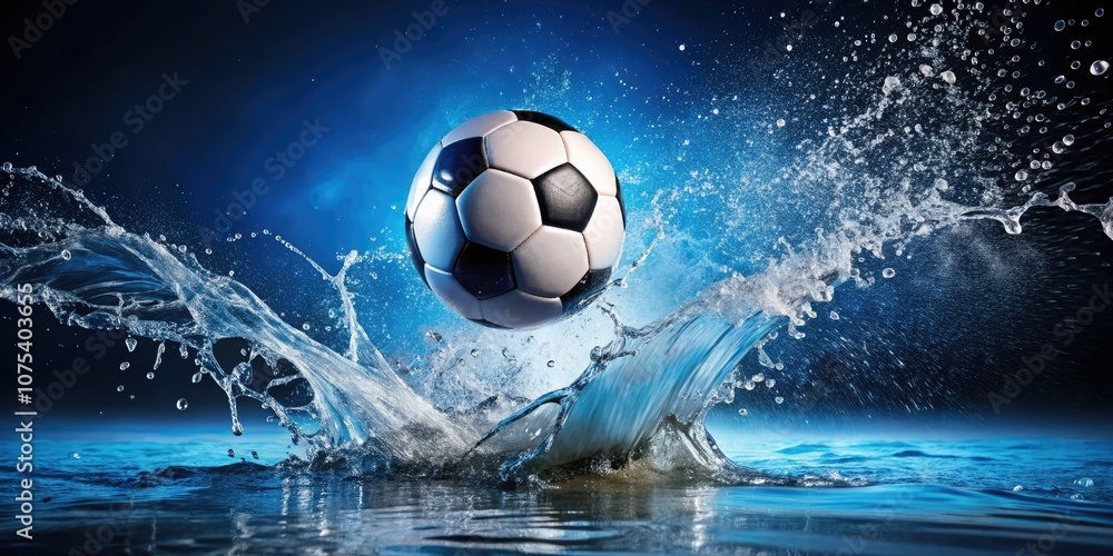 Naklejka premium Dynamic Soccer Ball Splashing into Water with Vibrant Blue Background - Long Exposure Sports Photography