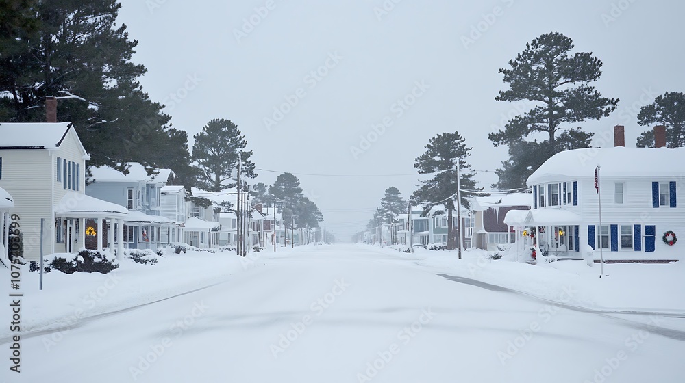 Obraz premium Snow-covered houses on a street lined with pine trees