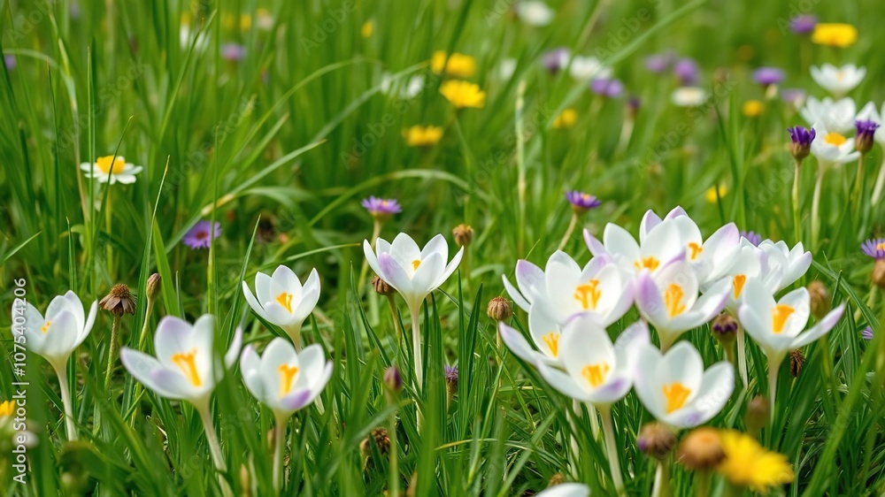 Softly blooming spring crocus flowers amidst a lush green meadow with tall grasses and wildflowers in focus, tall grass, garden scene, spring crocus Softly blooming spring crocus flowers amidst a lush green meadow with tall grasses and wildflowers in focus, tall grass, garden scene, spring crocus