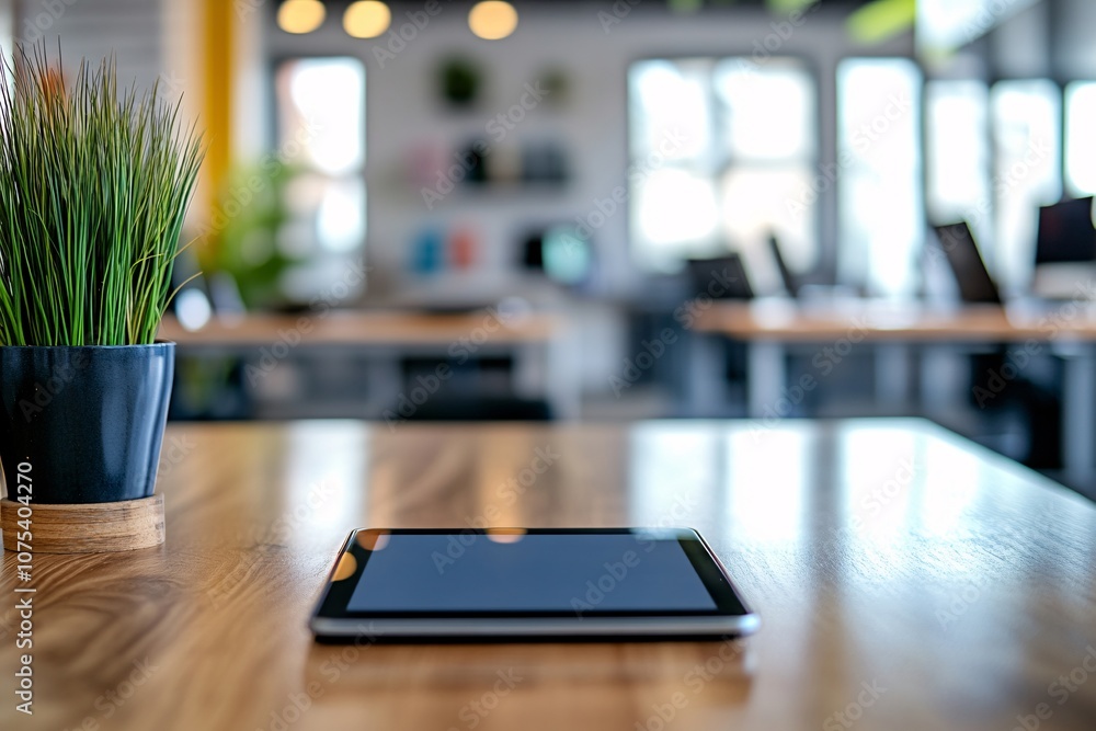 Minimalist Office Workspace with Tablet and Plant on Wooden Desk Minimalist Office Workspace with Tablet and Plant on Wooden Desk