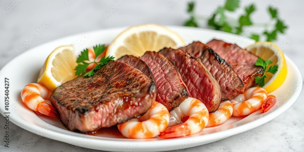 Tender succulent steak slices are placed on a white plate, surrounded by succulent shrimp, and garnished with fresh parsley and lemon wedges, fine dining, succulent shrimp, appetizer Tender succulent steak slices are placed on a white plate, surrounded by succulent shrimp, and garnished with fresh parsley and lemon wedges, fine dining, succulent shrimp, appetizer