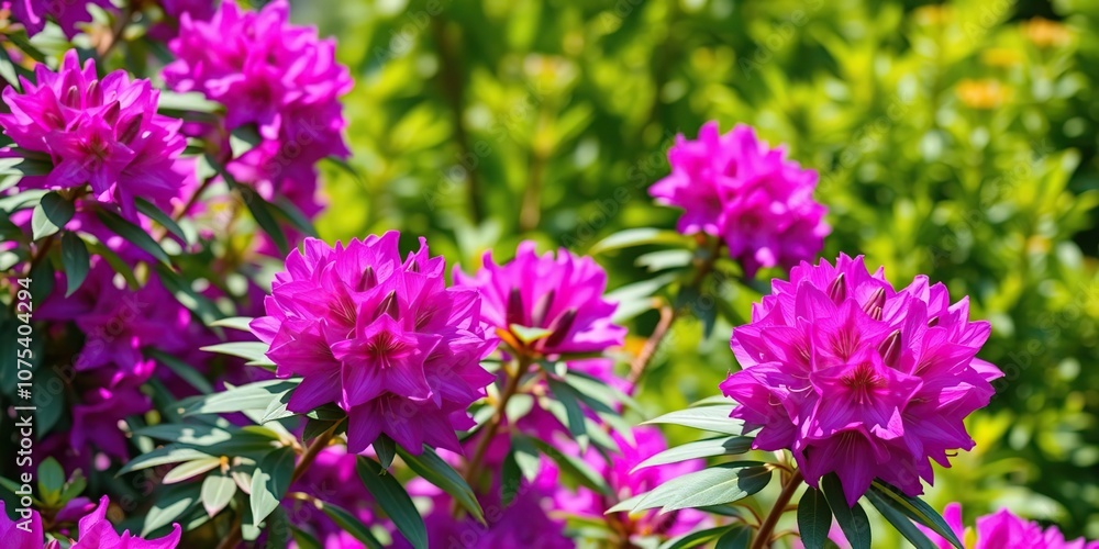 Vibrant purple rhododendron flowers bursting with color in a bright sunlight filled garden, sunny day, garden blooms Vibrant purple rhododendron flowers bursting with color in a bright sunlight filled garden, sunny day, garden blooms