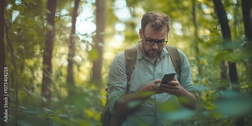 Man in forest attempting to find phone signal, representing challenge of connectivity in nature. photo