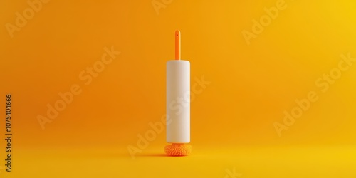 Roll of white paint with orange roller on yellow background, representing home improvement tools.