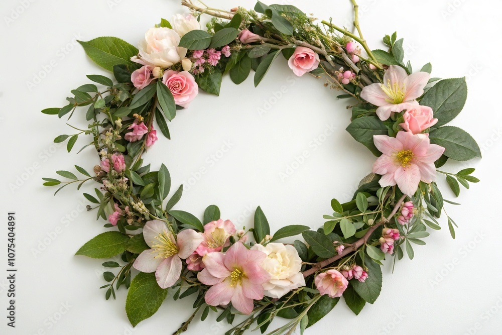 Delicate floral wreath with interlocking flowers and foliage, garden inspiration, floral pattern, delicate illustrations Delicate floral wreath with interlocking flowers and foliage, garden inspiration, floral pattern, delicate illustrations
