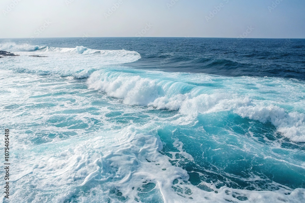 White foam and blue waters blend together in a mesmerizing dance on the ocean surface, ocean waves, texture, atmospheric effects White foam and blue waters blend together in a mesmerizing dance on the ocean surface, ocean waves, texture, atmospheric effects