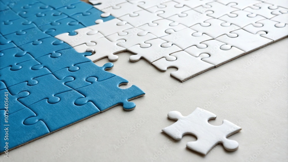 A puzzle with mostly blue and white pieces, assemble, incomplete, brain teaser, colorful A puzzle with mostly blue and white pieces, assemble, incomplete, brain teaser, colorful