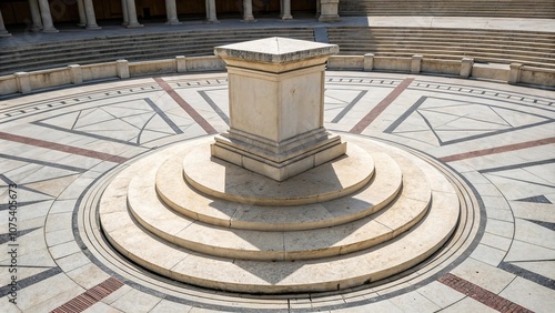 A pedestal with a geometric shape in the center, surrounded by concentric circles and radial lines, symmetry, sculpture, line, modern