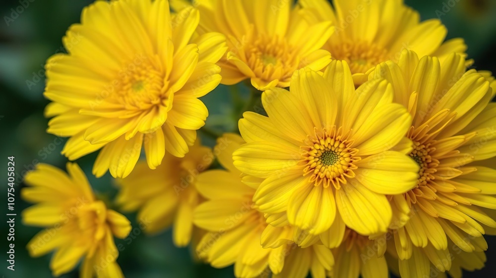 Close-up of bright yellow flowers with delicate petals and intricate details, greenery, gardening Close-up of bright yellow flowers with delicate petals and intricate details, greenery, gardening