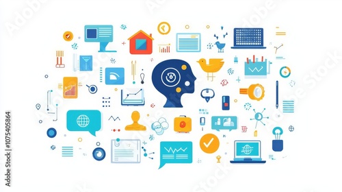 Colorful graphic showcasing technology, data analysis, and artificial intelligence concepts with various digital icons.