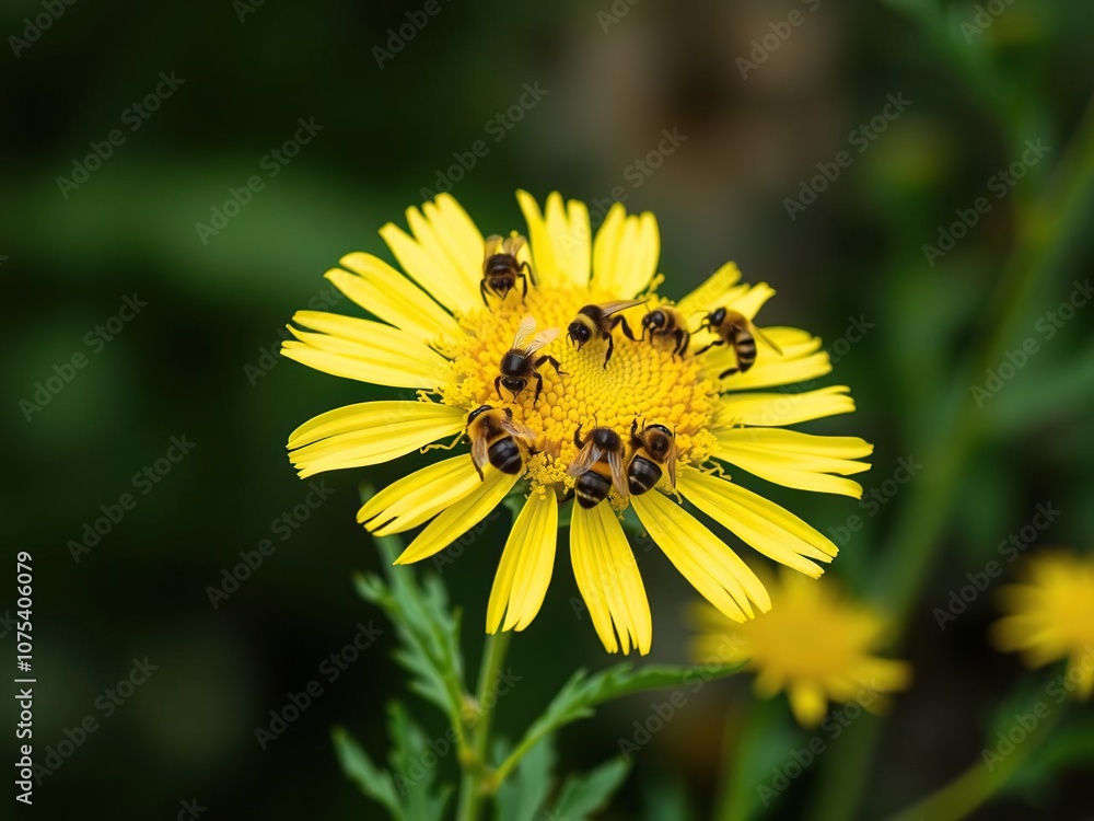 Goldenrod flower with multiple bumblebees collecting nectar from its center, yellow, goldenrod, blooming Goldenrod flower with multiple bumblebees collecting nectar from its center, yellow, goldenrod, blooming