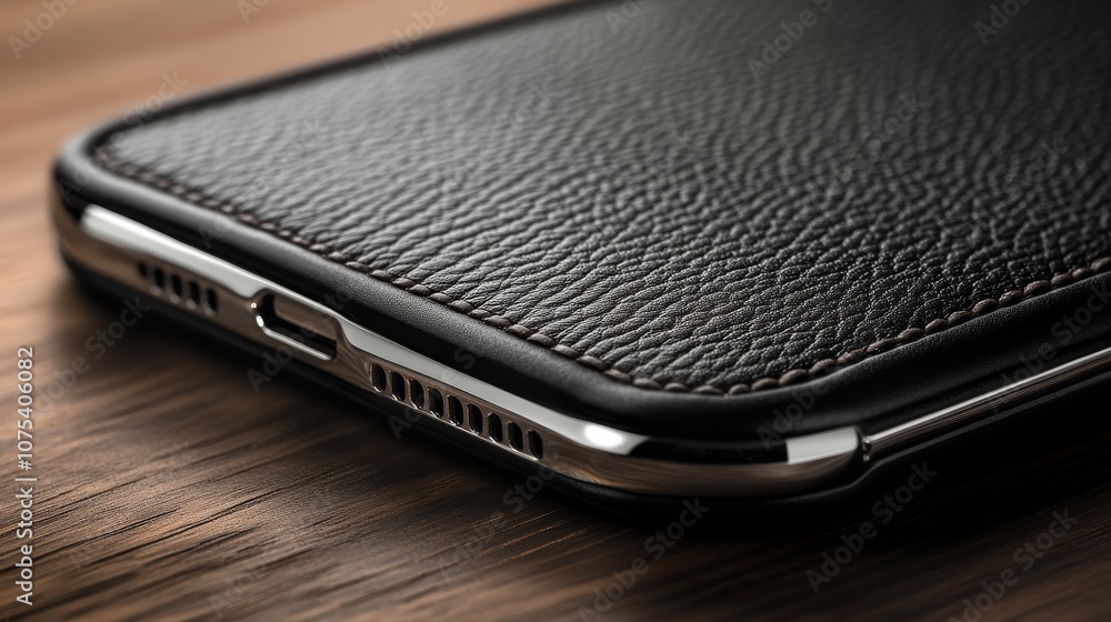 Close-up of a smartphone with a textured leather case on a wooden surface. Close-up of a smartphone with a textured leather case on a wooden surface.