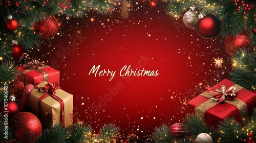 Merry Christmas text on red christmas background with some golden light dots, There are pine needles, gift boxes, and other decorations. 