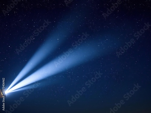 A beam of light from a powerful searchlight cuts through the darkness of a night sky filled with countless stars and constellations, landscape, stars, night