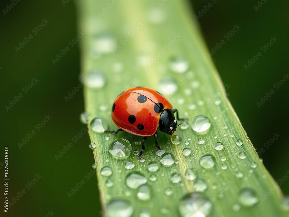 A ladybug resting on a dew-kissed green leaf, its body reflected in the tiny droplets of water that cover the leaf's surface, water, garden, surface A ladybug resting on a dew-kissed green leaf, its body reflected in the tiny droplets of water that cover the leaf's surface, water, garden, surface