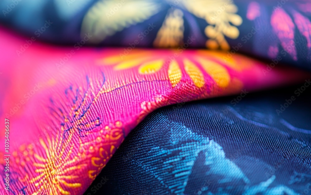 Close-up of vibrant, patterned fabrics showcasing intricate designs and textures. Close-up of vibrant, patterned fabrics showcasing intricate designs and textures.