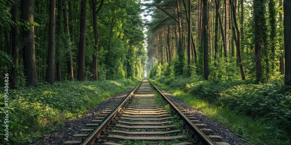 An endless railway line snaking through a dense forest with towering trees and overgrown vegetation, wilderness, forest An endless railway line snaking through a dense forest with towering trees and overgrown vegetation, wilderness, forest