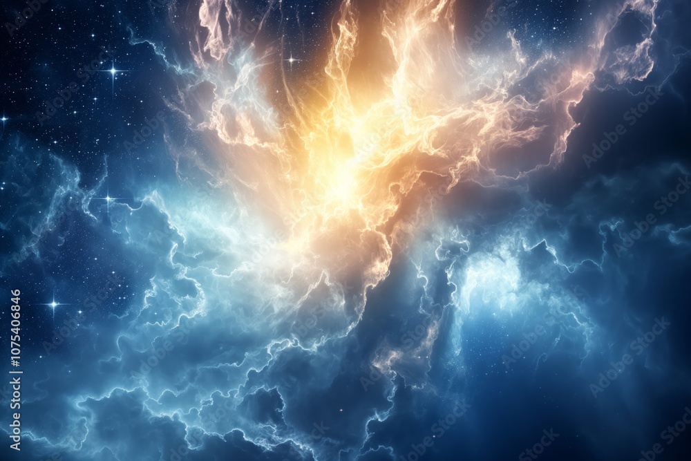 Illustration of God separating light from darkness, depicting a powerful celestial scene with bright golden light breaking through swirling clouds in space. Concept of creation and divine power. Illustration of God separating light from darkness, depicting a powerful celestial scene with bright golden light breaking through swirling clouds in space. Concept of creation and divine power.
