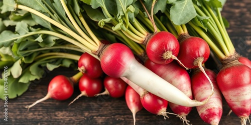 Fresh organic radish bunch with green stems and glossy red roots, spring harvest, kitchen essentials photo