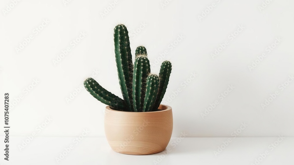 Thick walled cactus stands alone in a simple wooden planter on a plain white surface, indoor plant, succulent, desert landscape Thick walled cactus stands alone in a simple wooden planter on a plain white surface, indoor plant, succulent, desert landscape