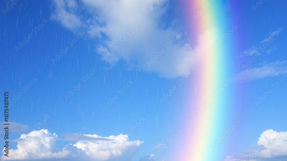 A colorful rainbow stretching across a bright blue sky with rain falling gently from the clouds above, natural light, atmospheric conditions, rainbow A colorful rainbow stretching across a bright blue sky with rain falling gently from the clouds above, natural light, atmospheric conditions, rainbow