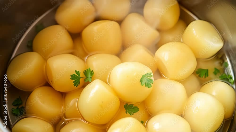 Close-up of freshly boiled golden potatoes garnished with parsley, steaming in a pot, showcasing a warm and hearty meal. Close-up of freshly boiled golden potatoes garnished with parsley, steaming in a pot, showcasing a warm and hearty meal.