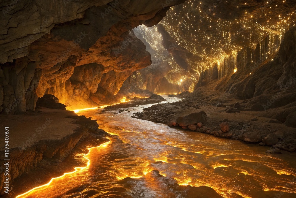 Fototapeta premium A river of molten gold flows through a cavernous landscape of crystalline formations and glittering gemstones, liquid gold rivers, mystical caverns