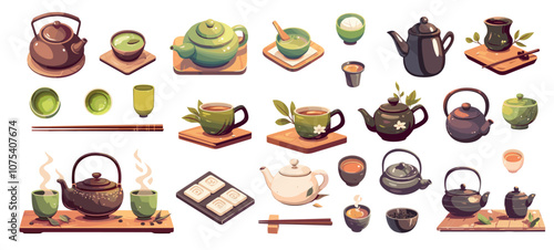 Tea ceremony set. Asian chinese japanese traditional table bowls teapots cups, hot aromatic drink vector illustration