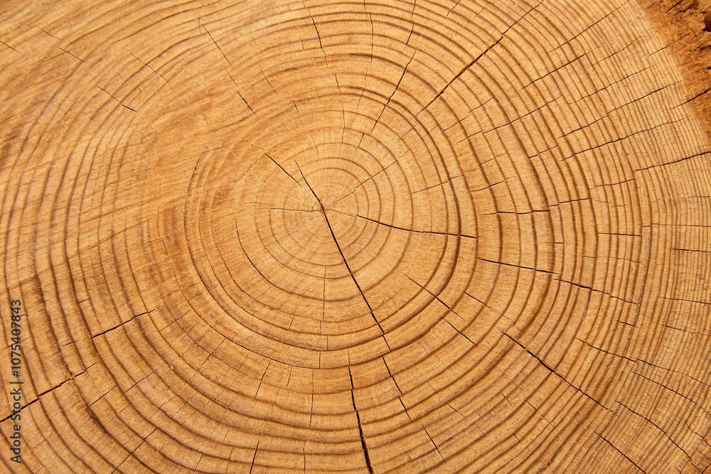 Naklejka premium Close-up of warm wood grain texture featuring prominent growth rings and fine ring widths, warm wood, texture photography, wood texture, detailed view