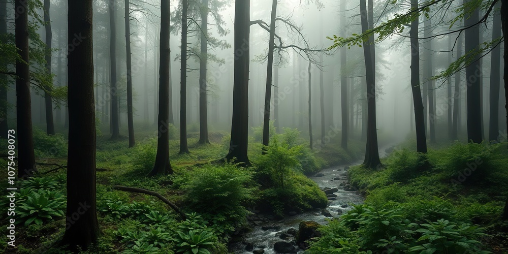 Obraz premium Misty morning in a dense green forest with towering trees and a winding stream, stream, wilderness