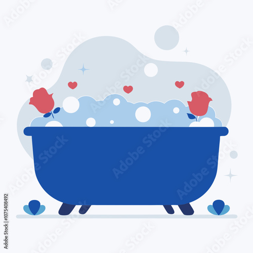 A bathtub filled with bubbles and roses. The bathtub is blue and has a heart on it