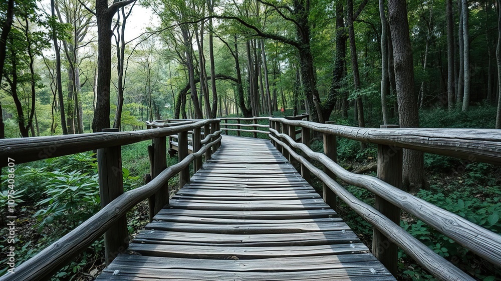 Ancient and weathered wooden walkway in the heart of a dense forest, mystical atmosphere, ancient woodwork Ancient and weathered wooden walkway in the heart of a dense forest, mystical atmosphere, ancient woodwork
