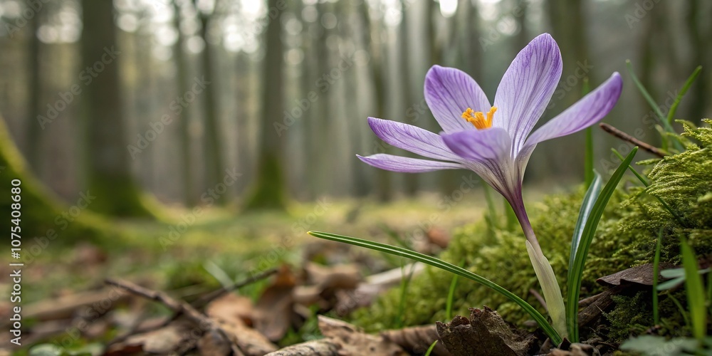 Fototapeta premium Close-up of a single purple crocus flower, with delicate petals and golden center, set against a soft green forest background, nature photography, purple crocus, close up