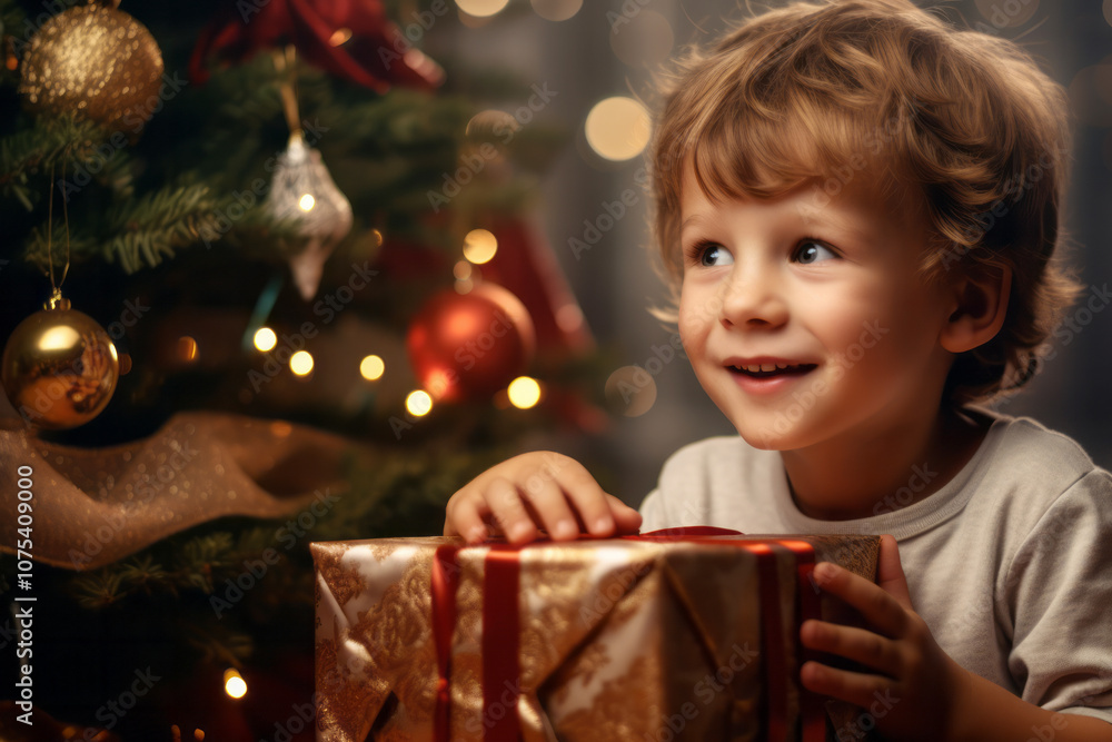 Little boy sitting near Christmas tree with gift in his hands Little boy sitting near Christmas tree with gift in his hands