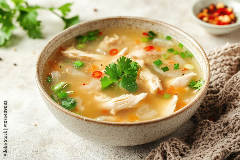 Delicious bowl of chicken soup garnished with herbs, spices, and vegetables on a cozy kitchen countertop. Generative AI Delicious bowl of chicken soup garnished with herbs, spices, and vegetables on a cozy kitchen countertop. Generative AI