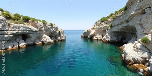 Secluded Little Cove with Green Tinted Water in Giannutri, peaceful atmosphere, coastal scenery photo