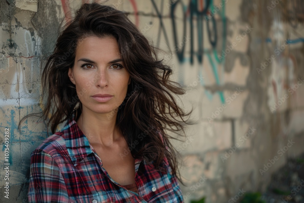 Fototapeta premium Italian Woman. Portrait of a Candid Mother in Her Forties with Dark Hair in Urban Setting