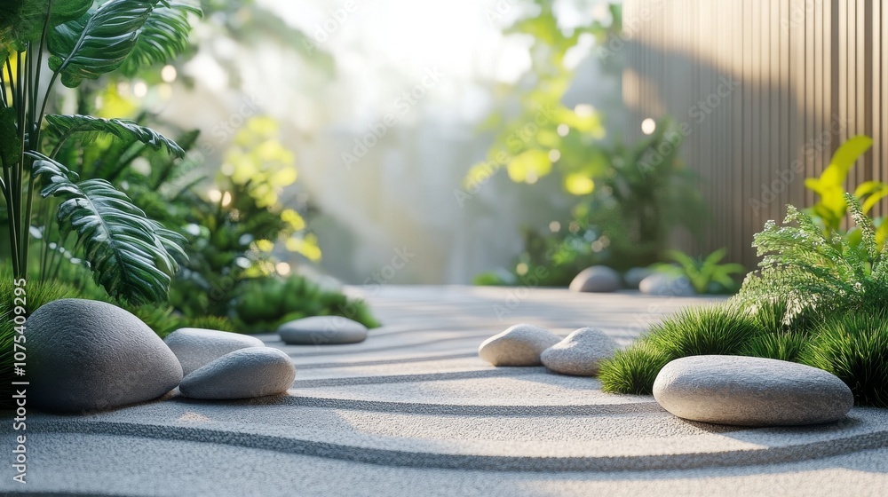 Zen Garden with Stones, Gravel, and Lush Greenery Zen Garden with Stones, Gravel, and Lush Greenery