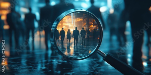 Magnifying glass highlighting a manager icon among staff icons, representing recruitment and leadership