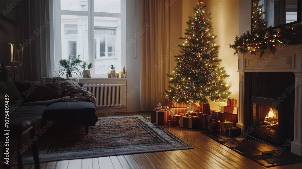 A cozy living room with a Christmas tree and gifts underneath A cozy living room with a Christmas tree and gifts underneath