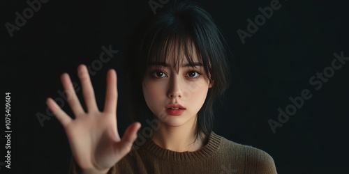 Young woman making a stop gesture with her hand, isolated on a studio background, expressing strong rejection photo