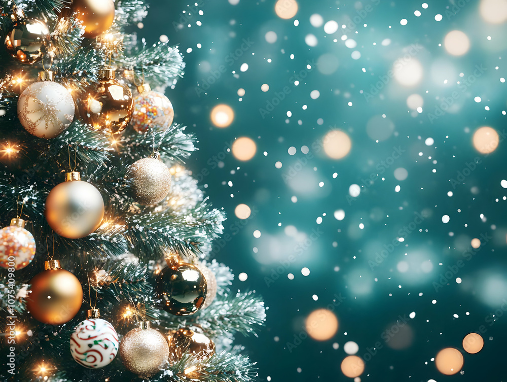 A festive Christmas tree adorned with ornaments and lights, set against a snowy background. A festive Christmas tree adorned with ornaments and lights, set against a snowy background.