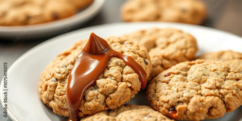 A plate of chewy oatmeal cookies with a chunk of melted chocolate and a drizzle of peanut butter sauce on top, dessert ideas, healthy snacks, baking inspiration A plate of chewy oatmeal cookies with a chunk of melted chocolate and a drizzle of peanut butter sauce on top, dessert ideas, healthy snacks, baking inspiration