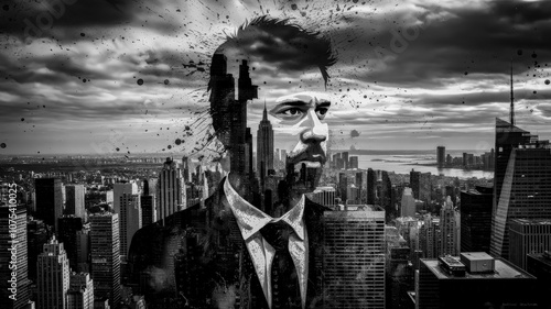 Black and White Double exposure of a man, New York city's skyline in the background, with paint and ink splatter scattered around the image.