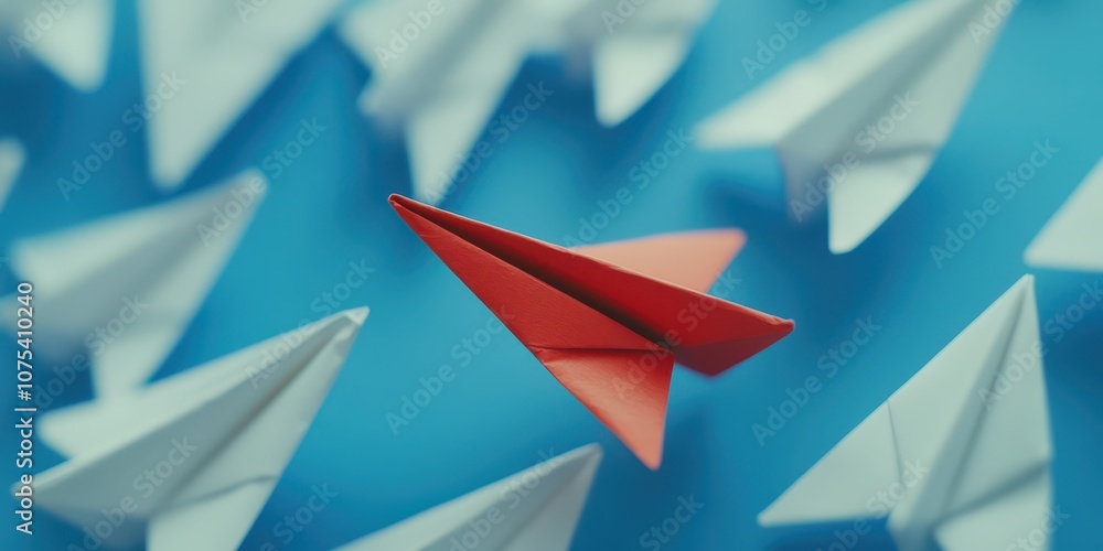 Red paper plane out of line with white paper planes on a blue background, symbolizing creativity and innovation Red paper plane out of line with white paper planes on a blue background, symbolizing creativity and innovation