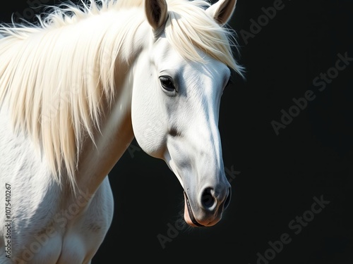 A regal white stallion with a distinctive black nose and flowing mane that frames its face, stallion, animal, proud photo