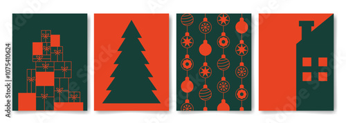 Set of Christmas minimalist card templates in red and green. Backgrounds with gift boxes, Christmas tree toys pattern, house. Vector illustration.