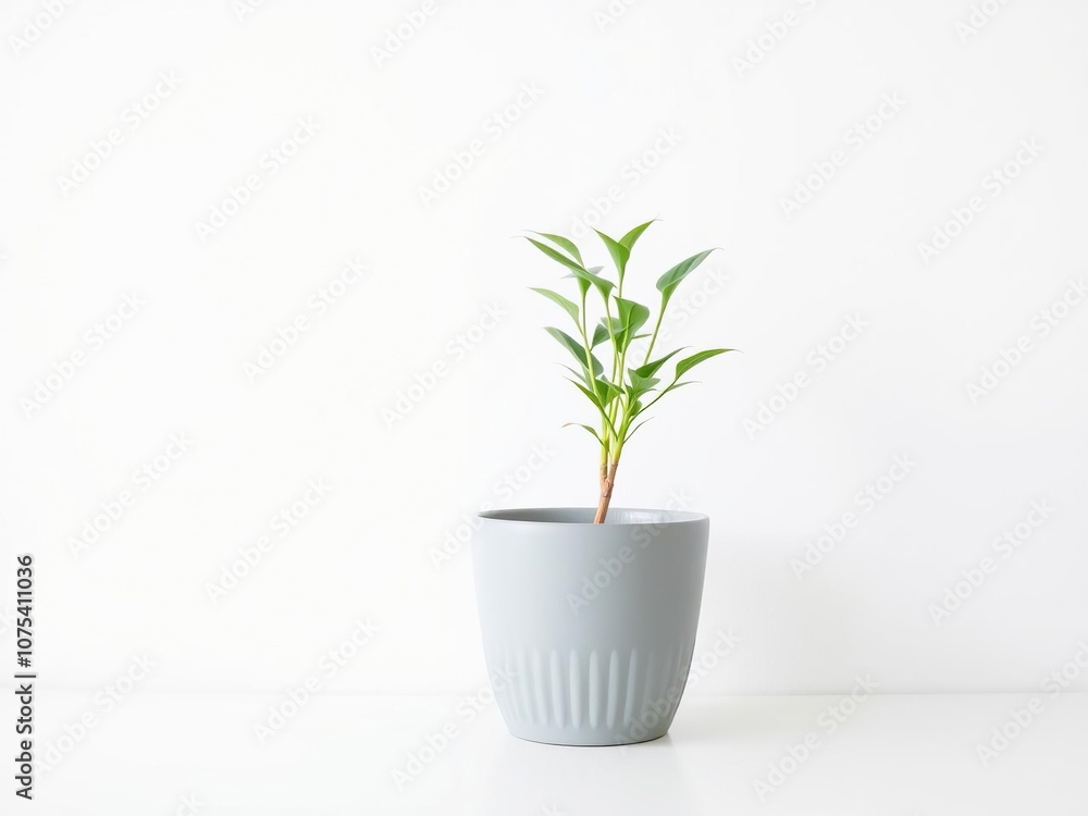 A solitary green plant sits upright in a plain gray ceramic pot on a white wall background, its leaves stretching towards the light, white wall, indoor plant, green plant A solitary green plant sits upright in a plain gray ceramic pot on a white wall background, its leaves stretching towards the light, white wall, indoor plant, green plant