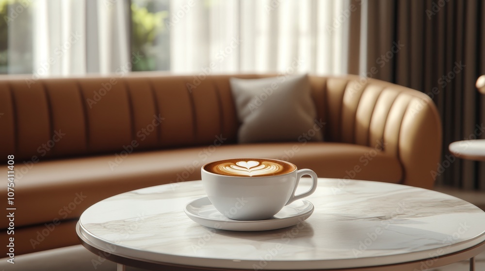 A cozy scene featuring a latte art coffee cup on a marble table in a stylish living room. A cozy scene featuring a latte art coffee cup on a marble table in a stylish living room.